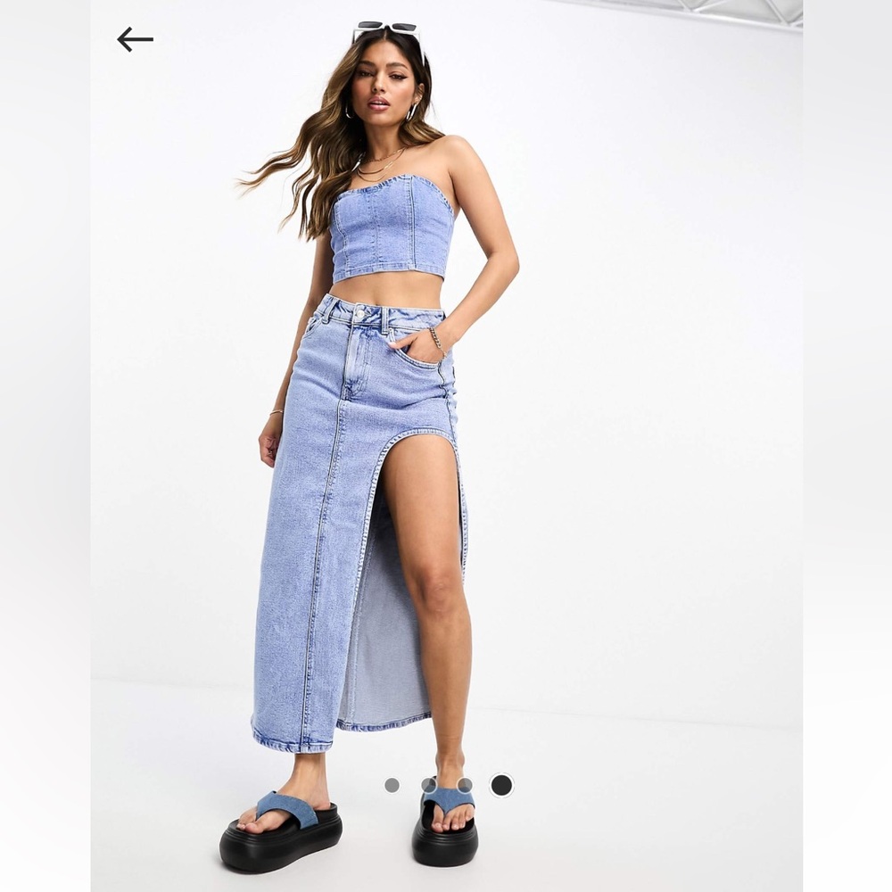 ASOS denim bandeau and midi skirt set